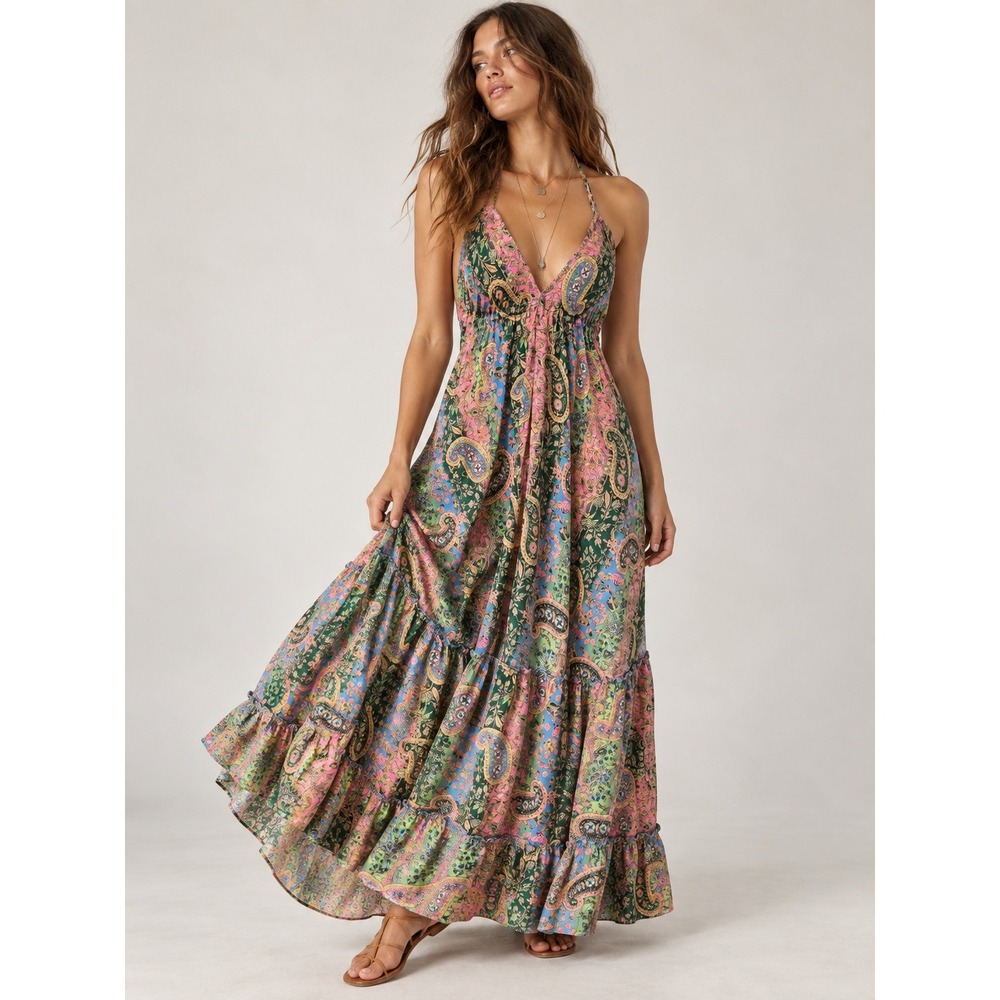 Zury Silk Paisley Halter Maxi Dress OS Boho Resort Festival Tropical Hawaiian